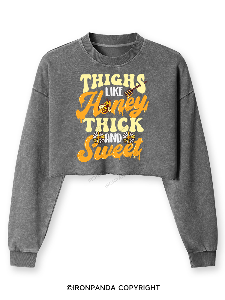 THIGHS LIKE HONEY THICK AND SWEET Washed Long-Sleeve Crop Top