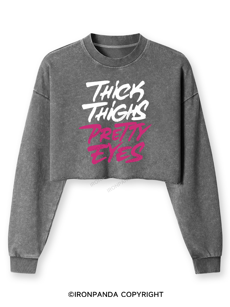THICK THIGHS PRETTY EYES Washed Long-Sleeve Crop Top