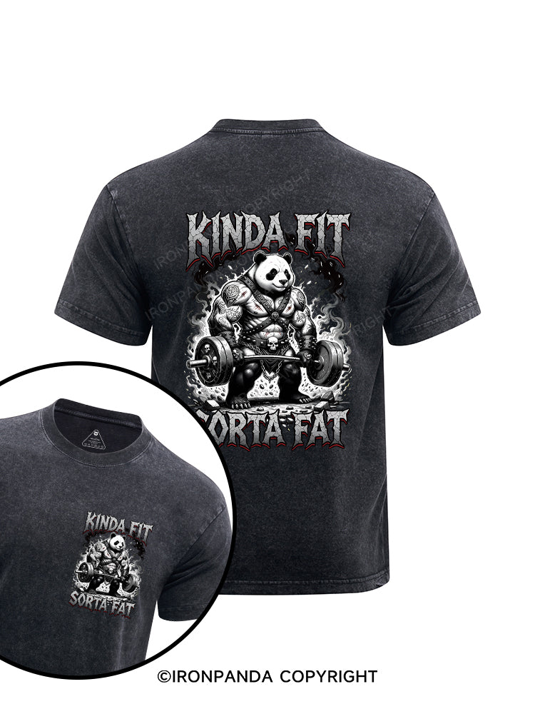 Humorous Panda Weightlifter Fitness Kinda Fit Sorta Fat Printed Washed Gym Shirt