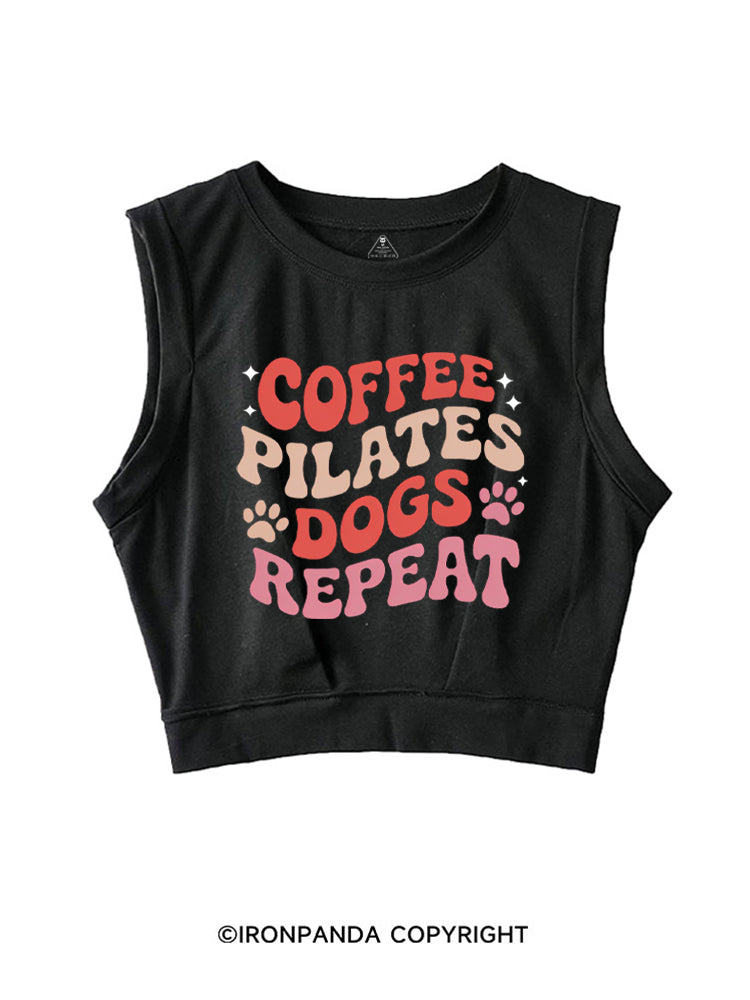 COFFEE PILATES DOGS REPEAT SLEEVELESS CROP TOPS
