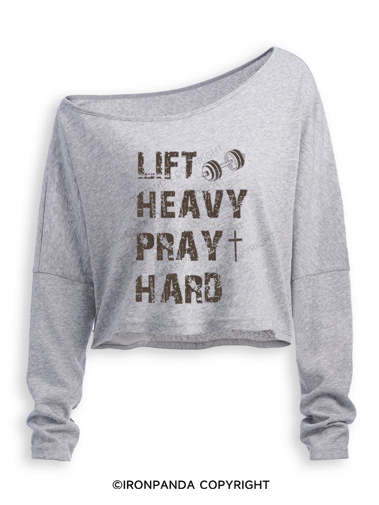 Lift Heavy Pray Hard Motivational Fitness Off Shoulder Long Sleeve Crop Top