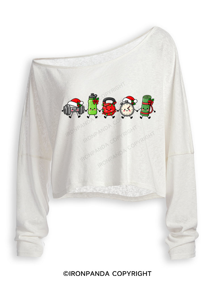 Christmas Workout Off Shoulder Long Sleeve Crop Top
