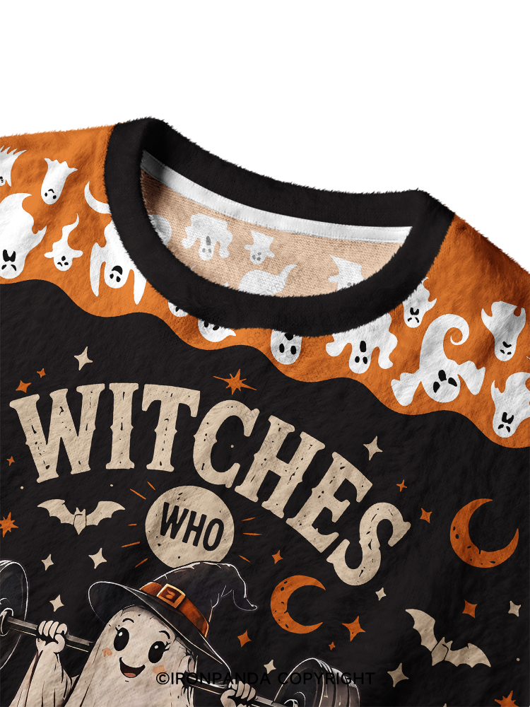 WITCHES WHO LIFT GHOST HALLOWEEN GYM Ugly Fuzzy Fleece Sweater