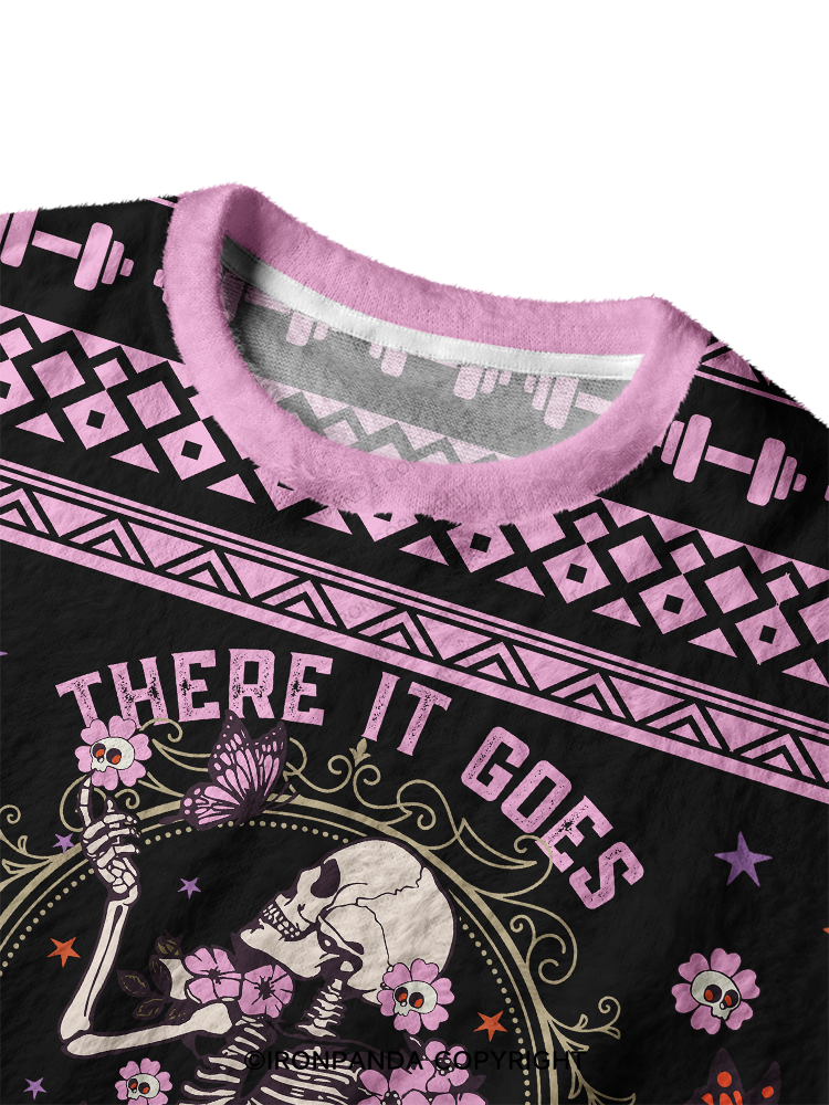 There It Goes My Last Flying Skeleton Ugly Fuzzy Fleece Sweater