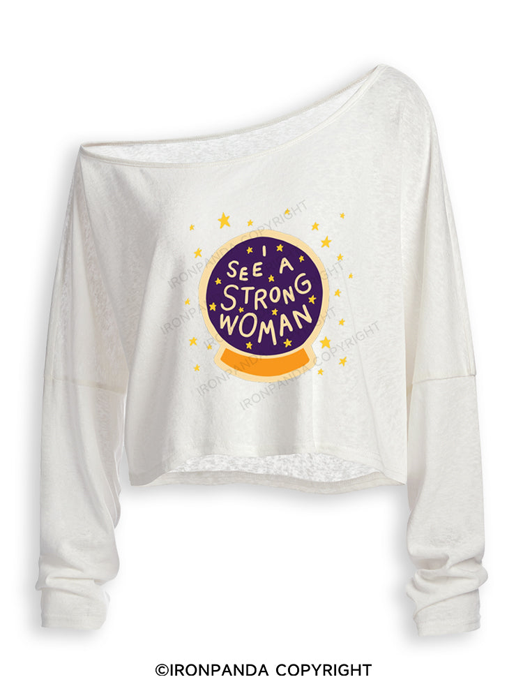 I see a strong woman Crystal Ball Off Shoulder Long Sleeve Crop Top