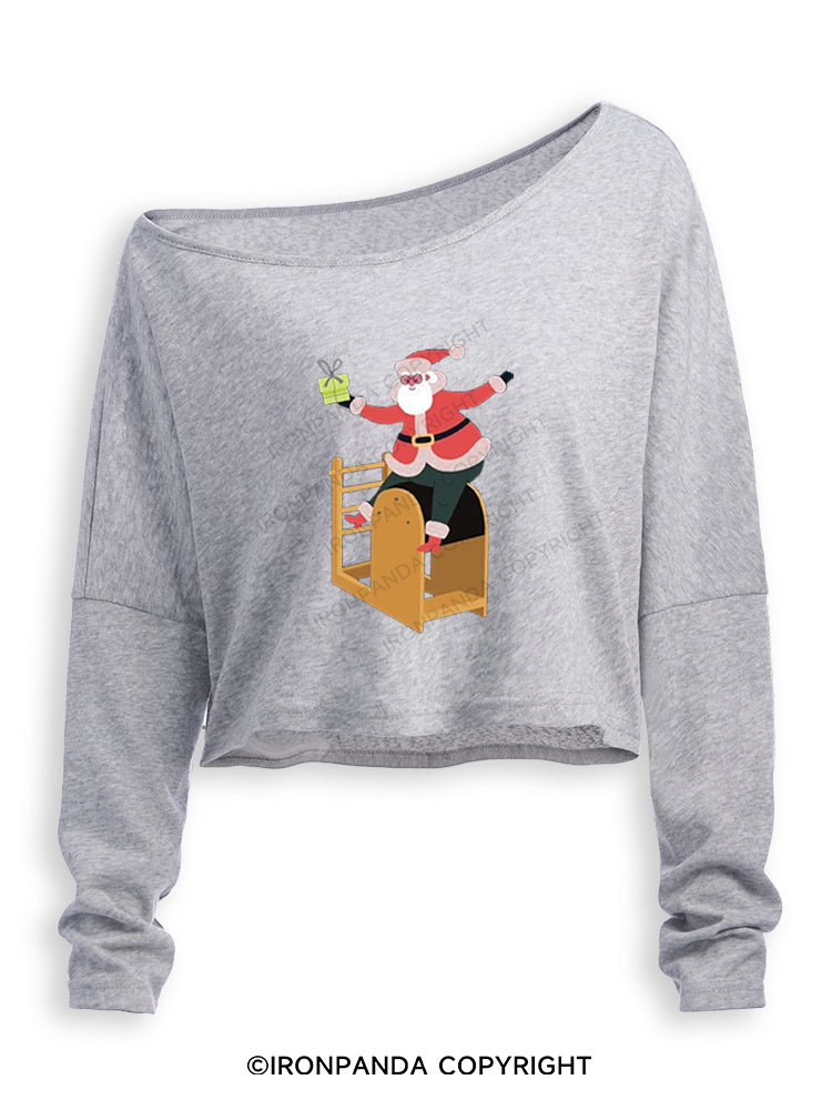 CHRISTMAS SANTA CLAUS PILATES Off Shoulder Long Sleeve Crop Top