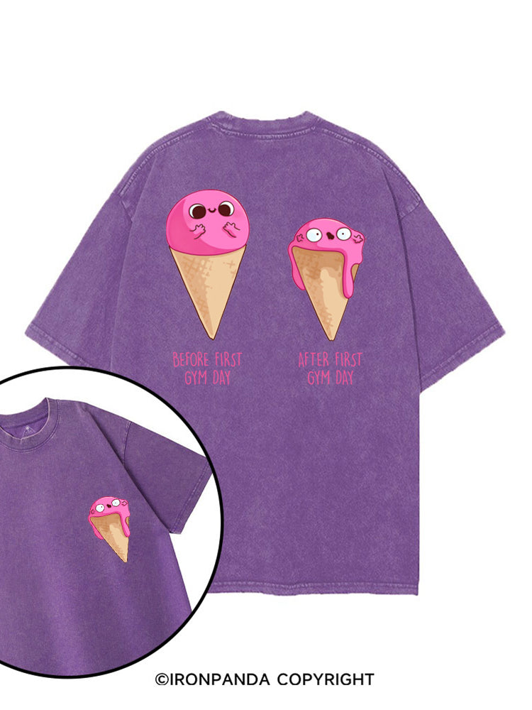 BEFORE AND AFTER FIRST GYM DAY FUNNY ICE CREAM printed Gym Shirt
