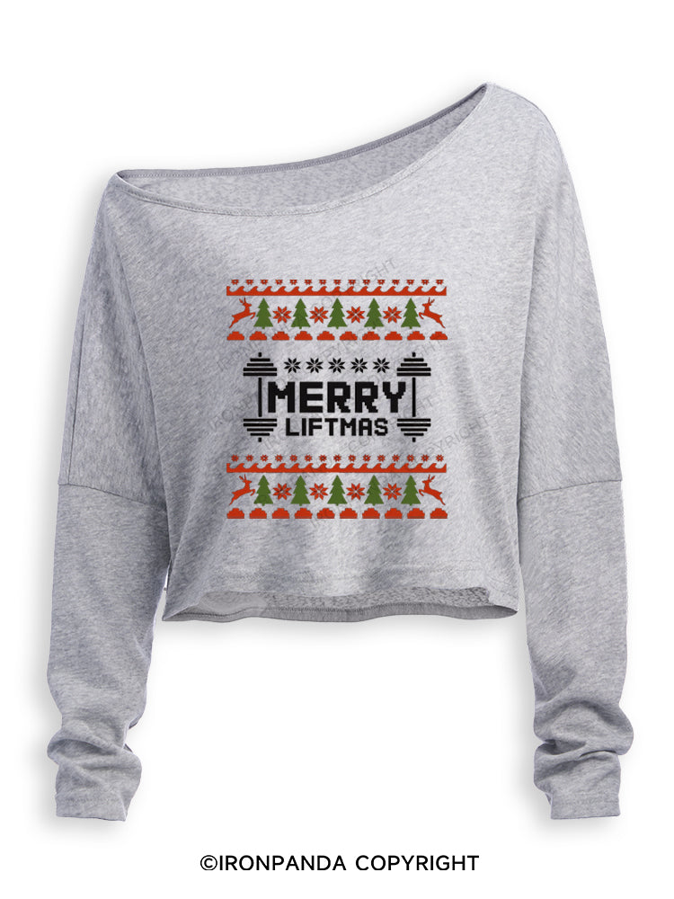 MERRY LIFTMAS CHRISTMAS GYM HUMOR Off Shoulder Long Sleeve Crop Top