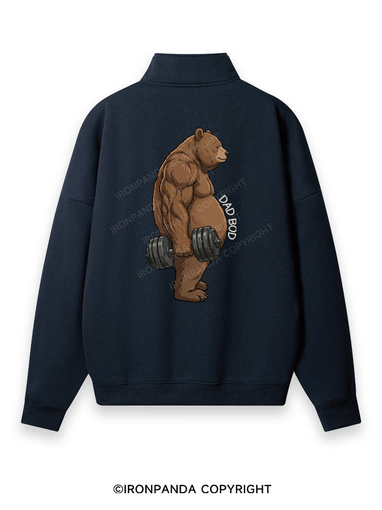 DAD BOD BEAR Back Printed Quarter-Zip Fleece Sweatshirt
