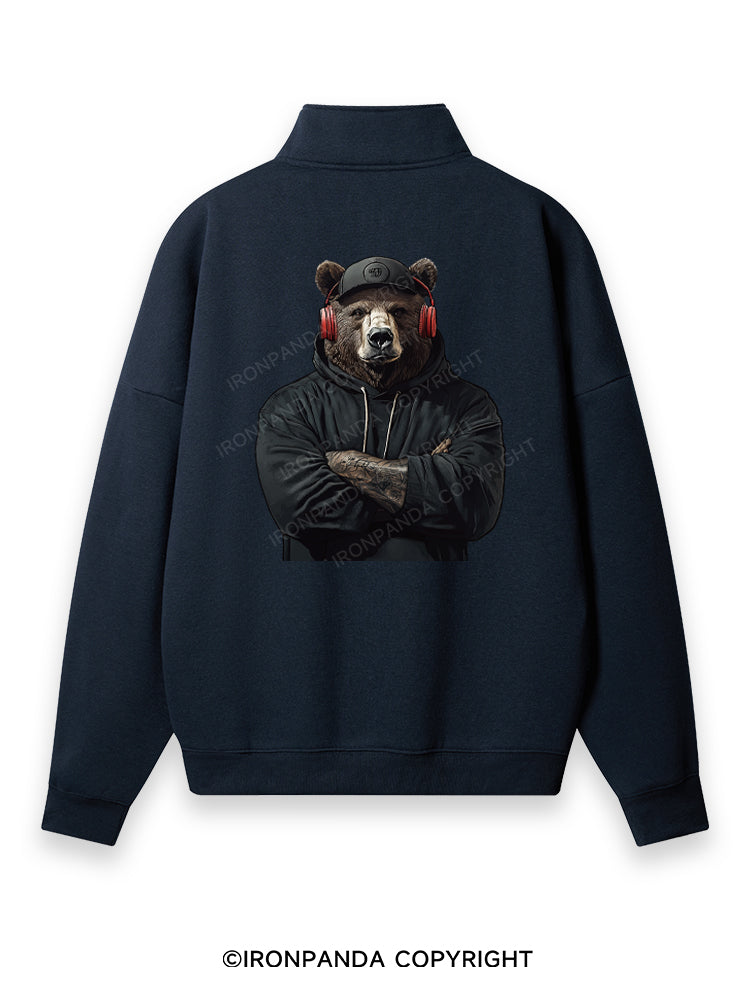 Bear with headphones Back Printed Quarter-Zip Fleece Sweatshirt
