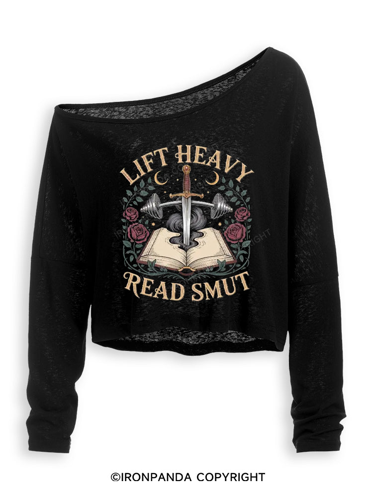 Lift Heavy Read Smut Gym Romance Reader Off Shoulder Long Sleeve Crop Top