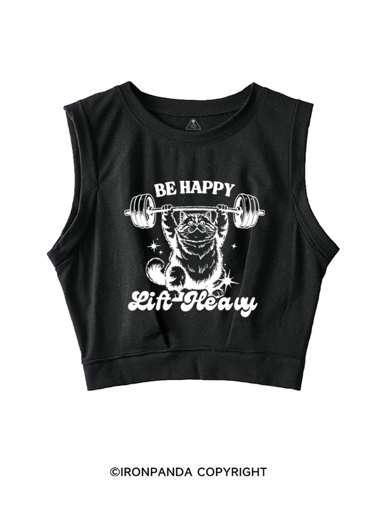 BE HAPPY LIFT HEAVY FUNNY CUTE KITTY SLEEVELESS CROP TOPS