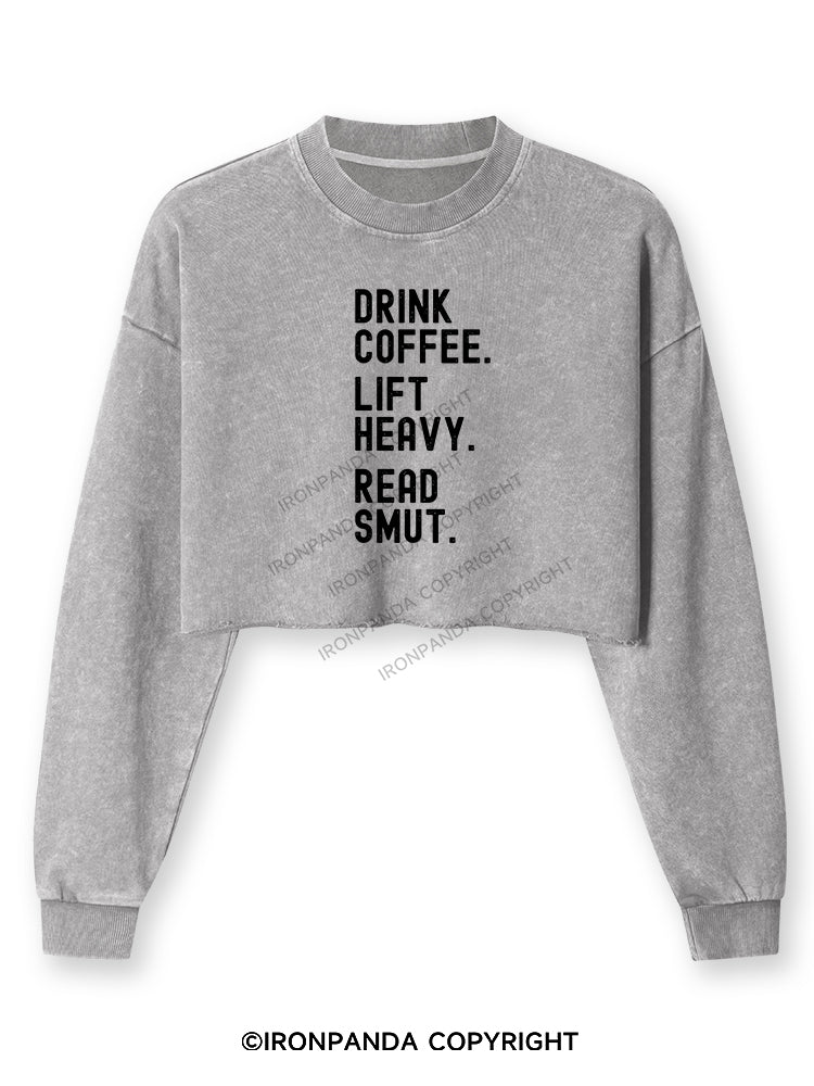 DRINK COFFEE. LIFT HEAVY. READ SMUT Washed Long-Sleeve Crop Top