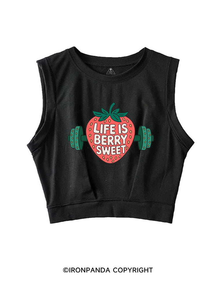 LIFE IS BERRY STRONG STRAWBERRY SLEEVELESS CROP TOPS