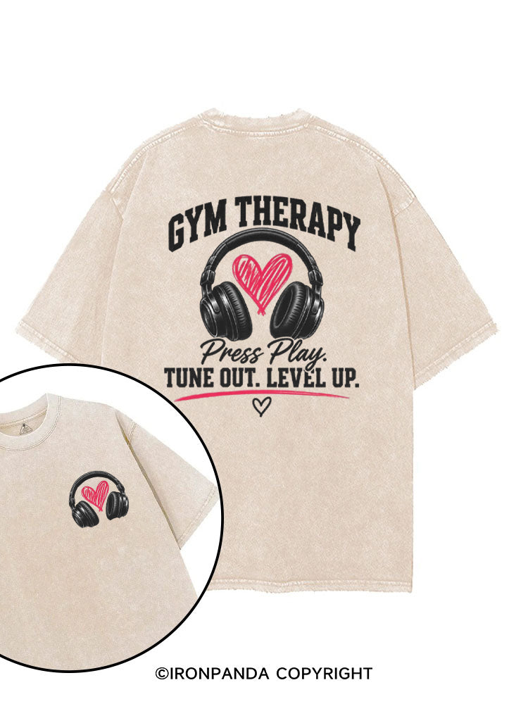 GYM THERAPY Press Play TUNE OUT LEVEL UP printed Gym Shirt