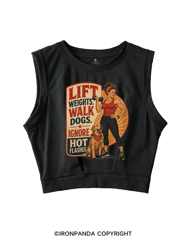LIFT WEIGHTS WALK DOGS RETRO FITNESS SLEEVELESS CROP TOPS