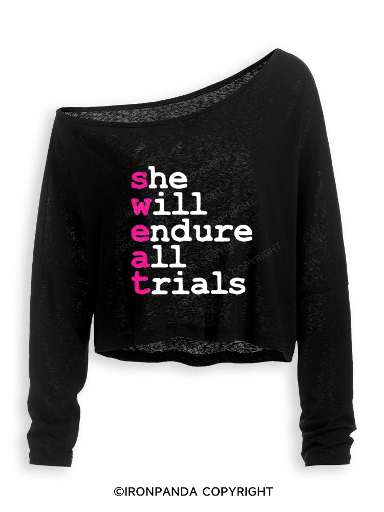 SWEAT She Will Endure All Trials Off Shoulder Long Sleeve Crop Top