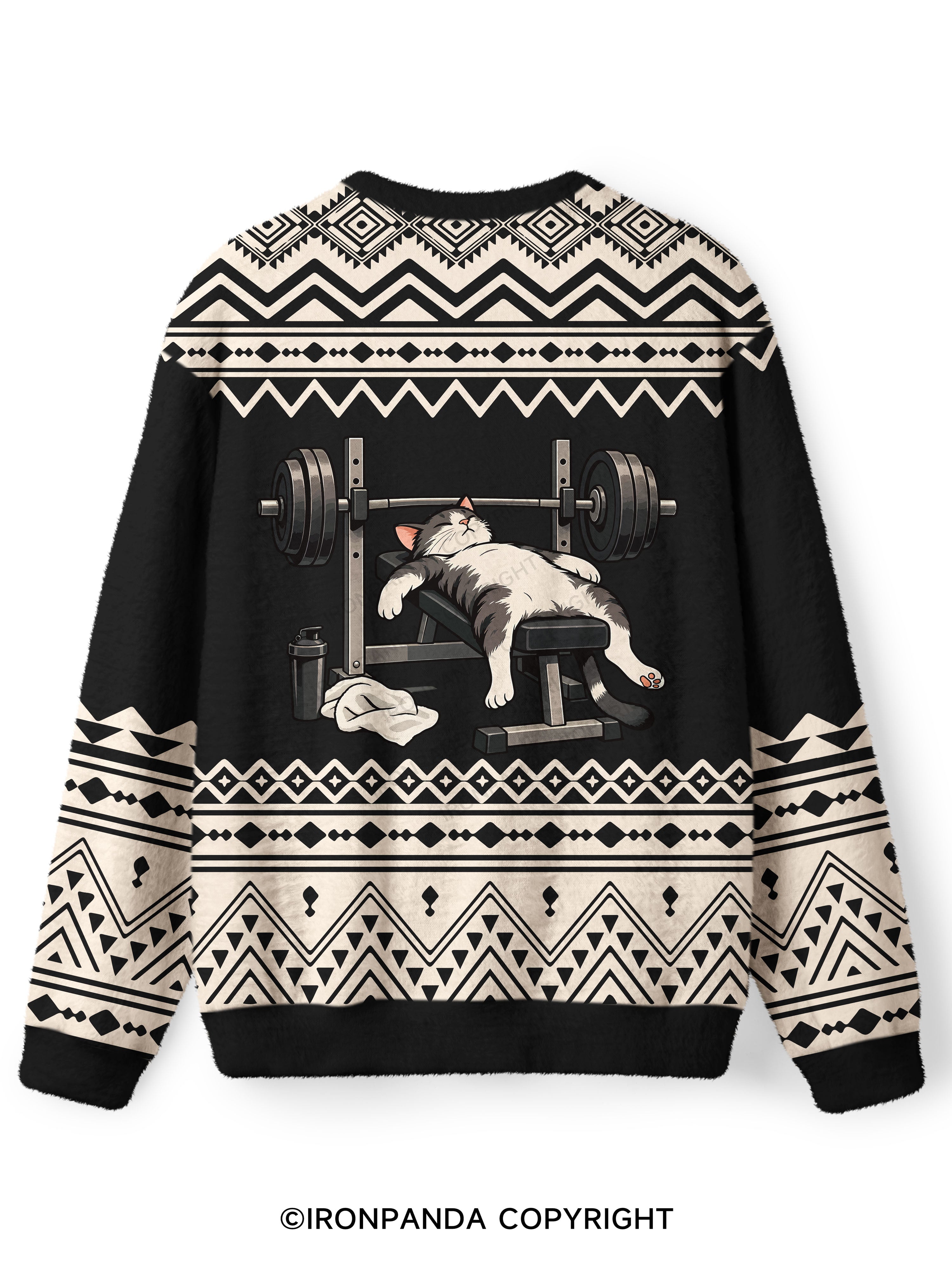 TIRED GYM CAT AFTER WORKOUT Ugly Fuzzy Fleece Sweater