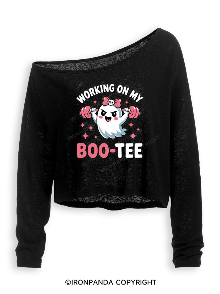 WORKING ON MY BOO-TEE CUTE GHOST Off Shoulder Long Sleeve Crop Top