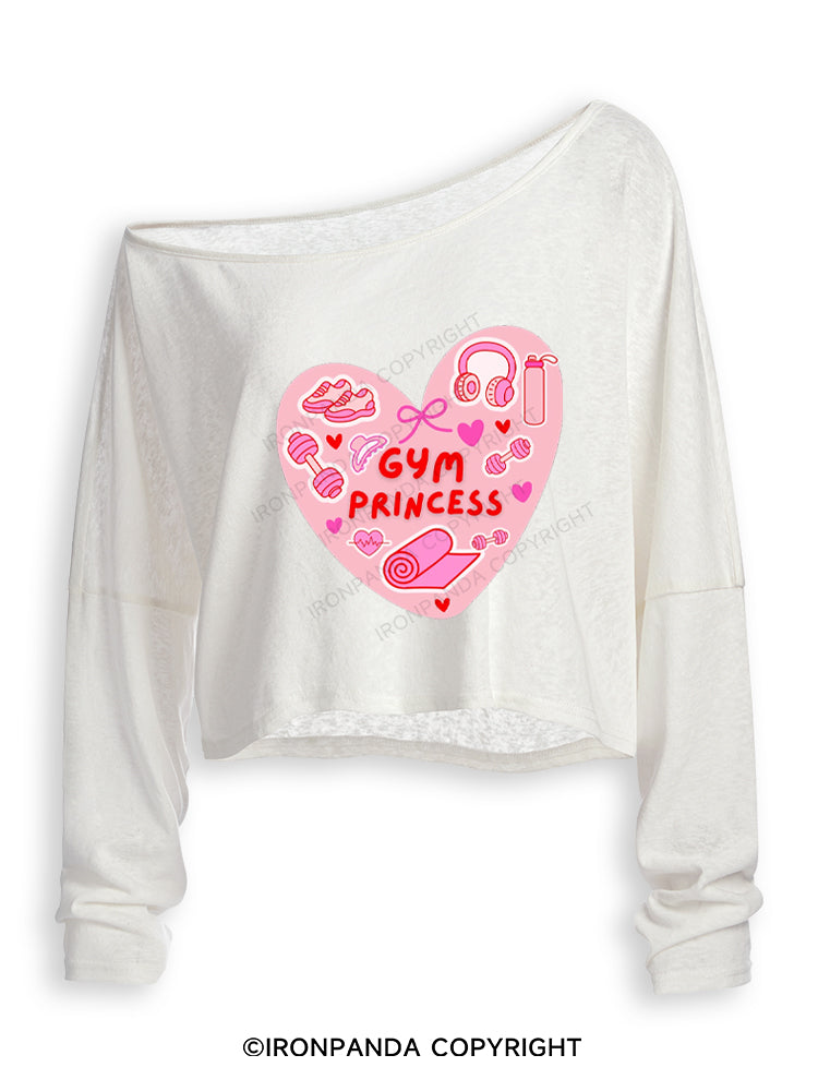 Pink Gym Princess Off Shoulder Long Sleeve Crop Top
