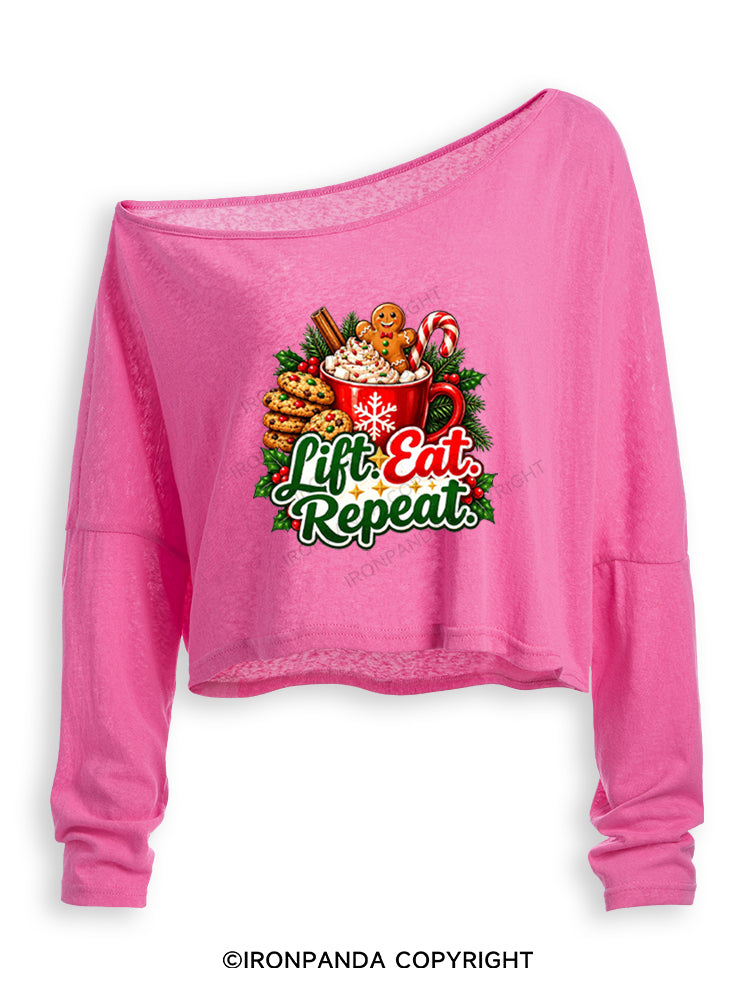 LIFT EAT REPEAT HOT COCOA & COOKIES Off Shoulder Long Sleeve Crop Top
