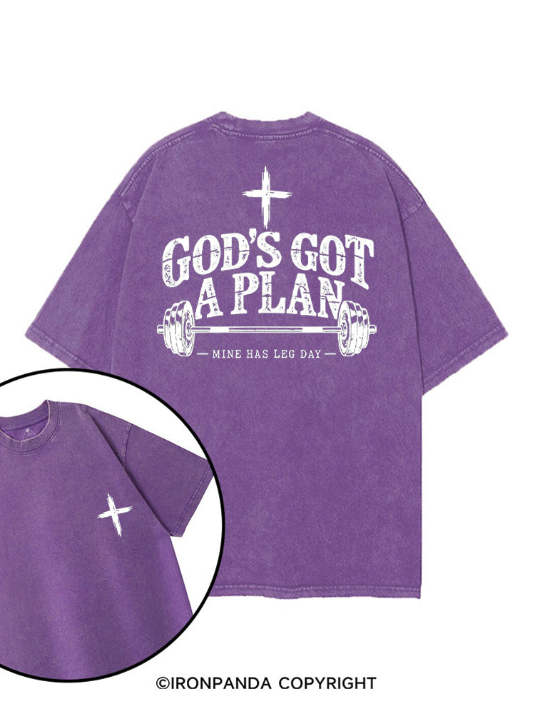 GOD'S GOT A PLAN MINE HAS LEG DAY printed Gym Shirt