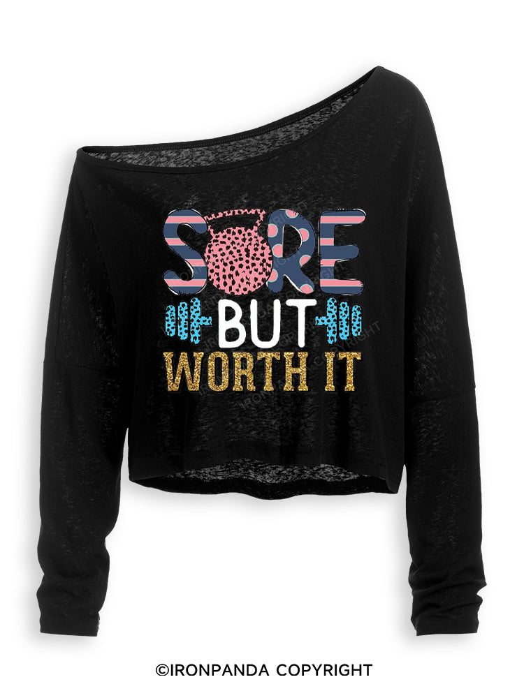 SORE BUT WORTH IT POSITIVE GYM Off Shoulder Long Sleeve Crop Top