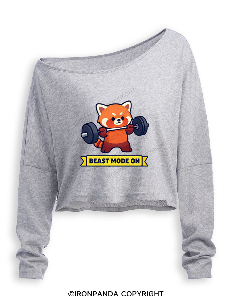 BEAST MODE ON RED PANDA Off Shoulder Long Sleeve Crop Top