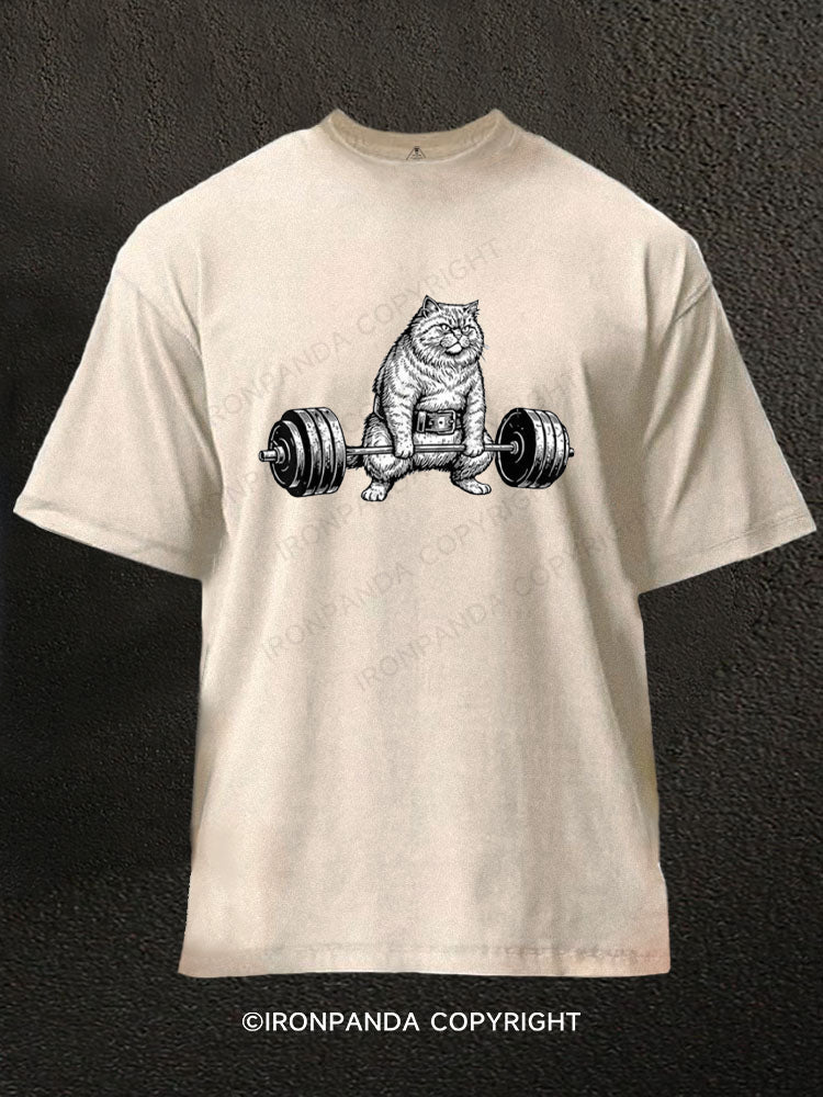 Funny Deadlift Cat Washed Gym Shirt