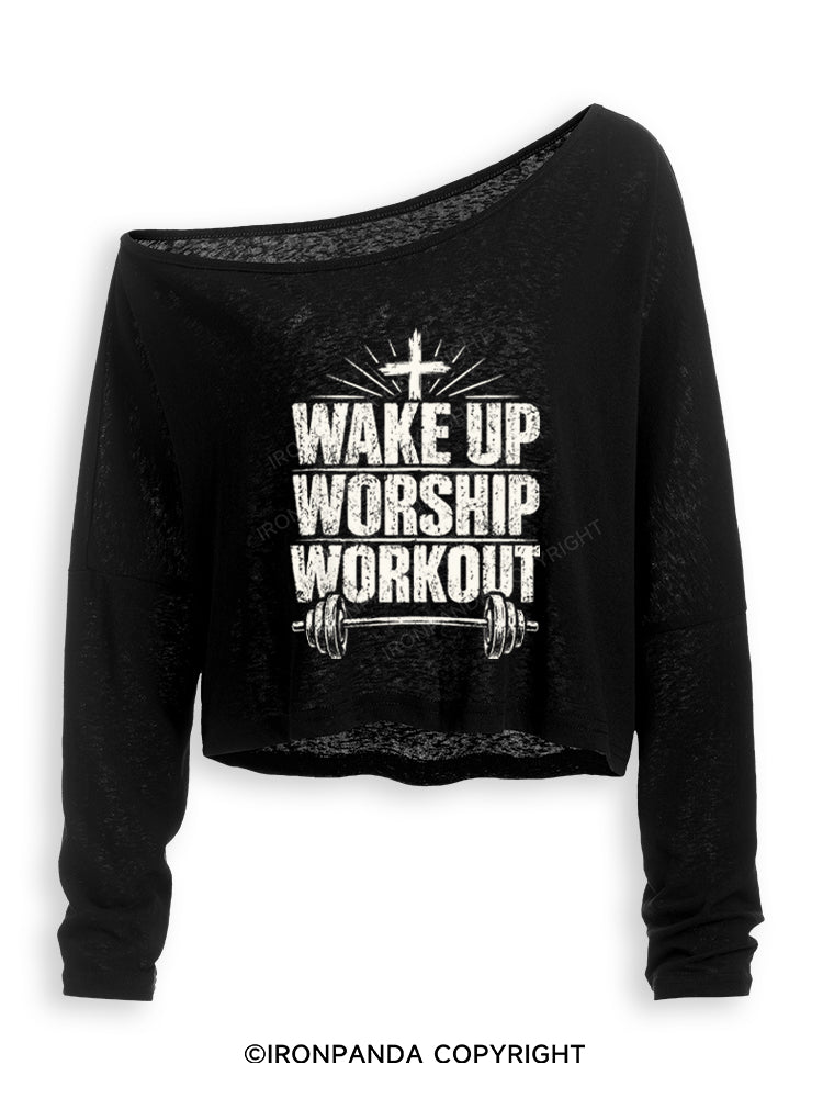 Wake Up Worship Workout Christian Workout Off Shoulder Long Sleeve Crop Top