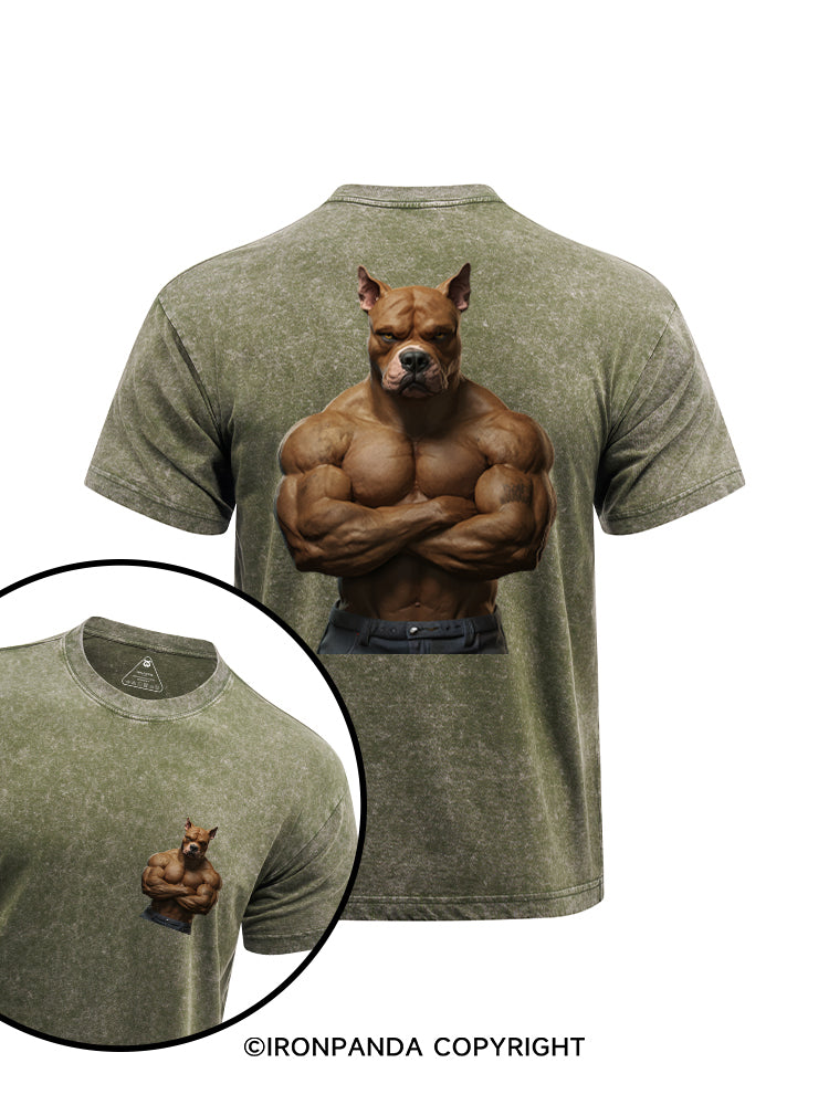 Muscular Pit Bull printed Washed Gym Shirt