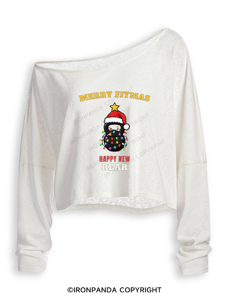 MERRY FITMAS HAPPY NEW REAR Off Shoulder Long Sleeve Crop Top