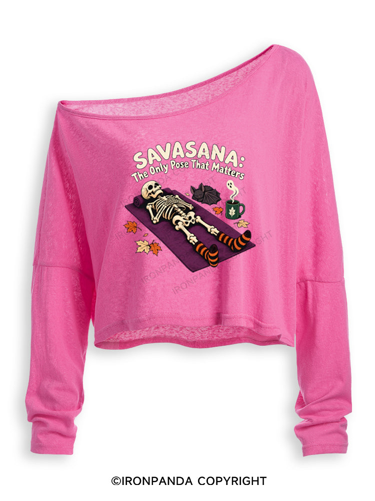 SAVASAVA THE ONLY POSE THAT MATTERS HALLOWEEN SKELETON Off Shoulder Long Sleeve Crop Top
