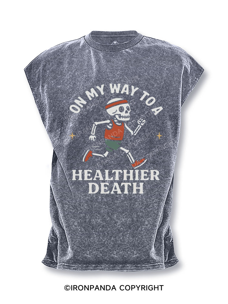 On My Way to a Healthier Death Skeleton Running Cut Off Tank