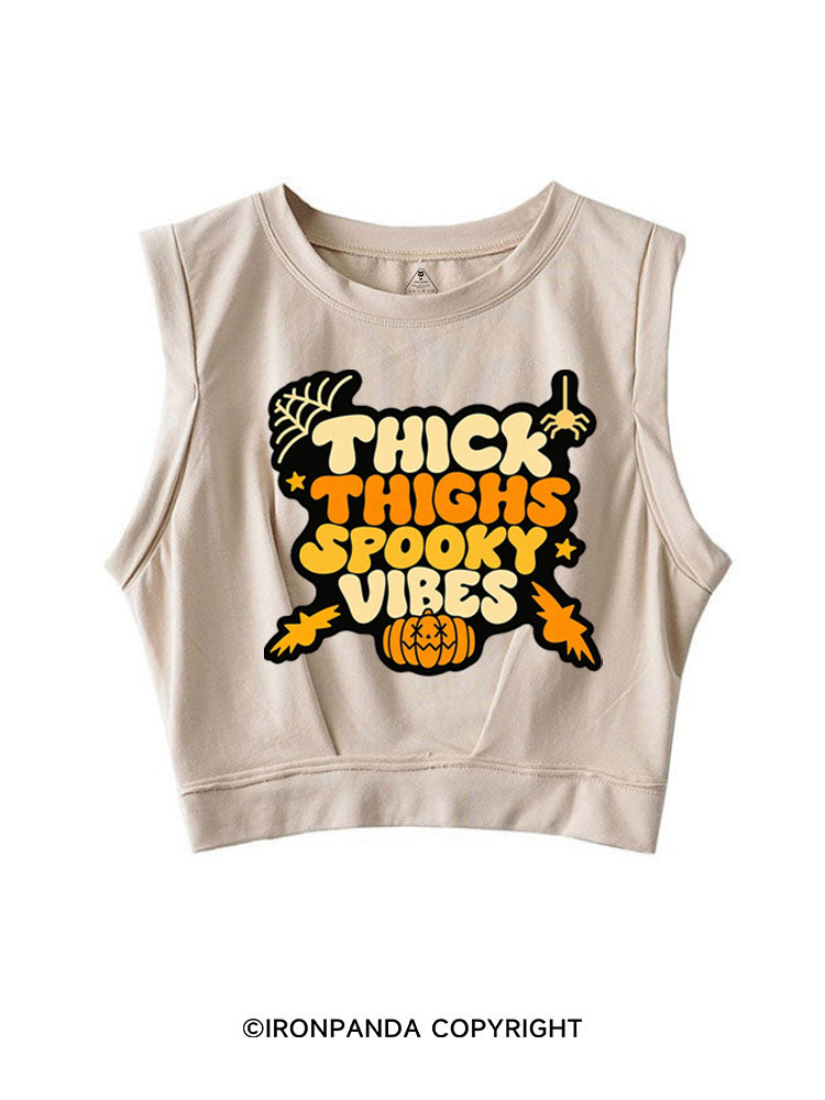 THICK THIGHS SPOOKY VIBES PUMPKIN HALLOWEEN SLEEVELESS CROP TOPS