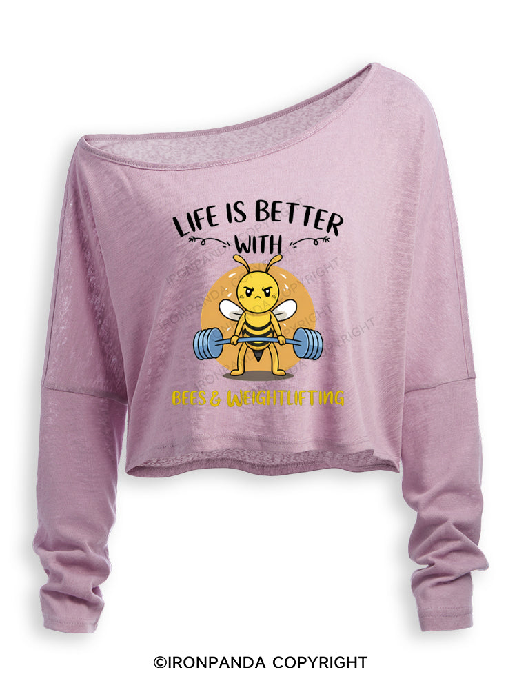 Life Is Better With Bees Weightlifting Off Shoulder Long Sleeve Crop Top