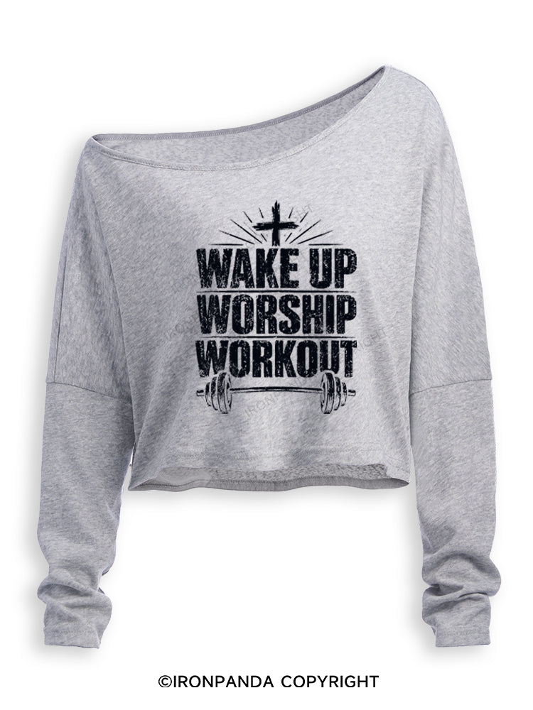 Wake Up Worship Workout Christian Workout Off Shoulder Long Sleeve Crop Top
