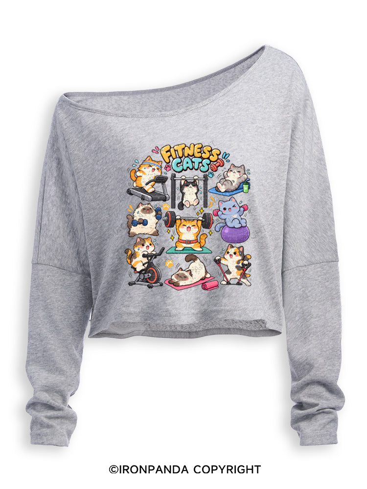 Fitness Cats Gym Workout Off Shoulder Long Sleeve Crop Top