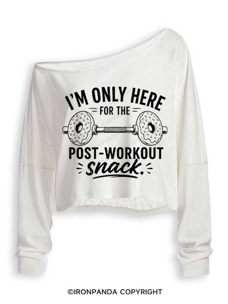 I'M ONLY HERE FOR THE POST-WORKOUT SNACK DONUT Off Shoulder Long Sleeve Crop Top