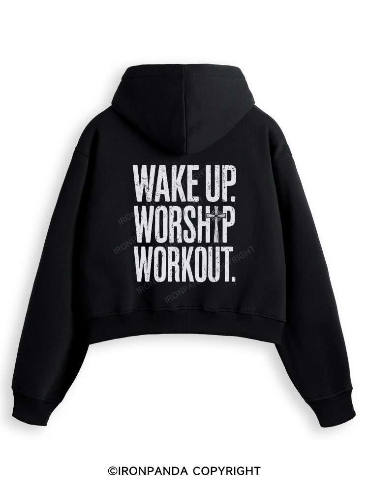 WAKE UP WORSHIP WORKOUT JESUS Fleece Crop Zip Up Hoodie