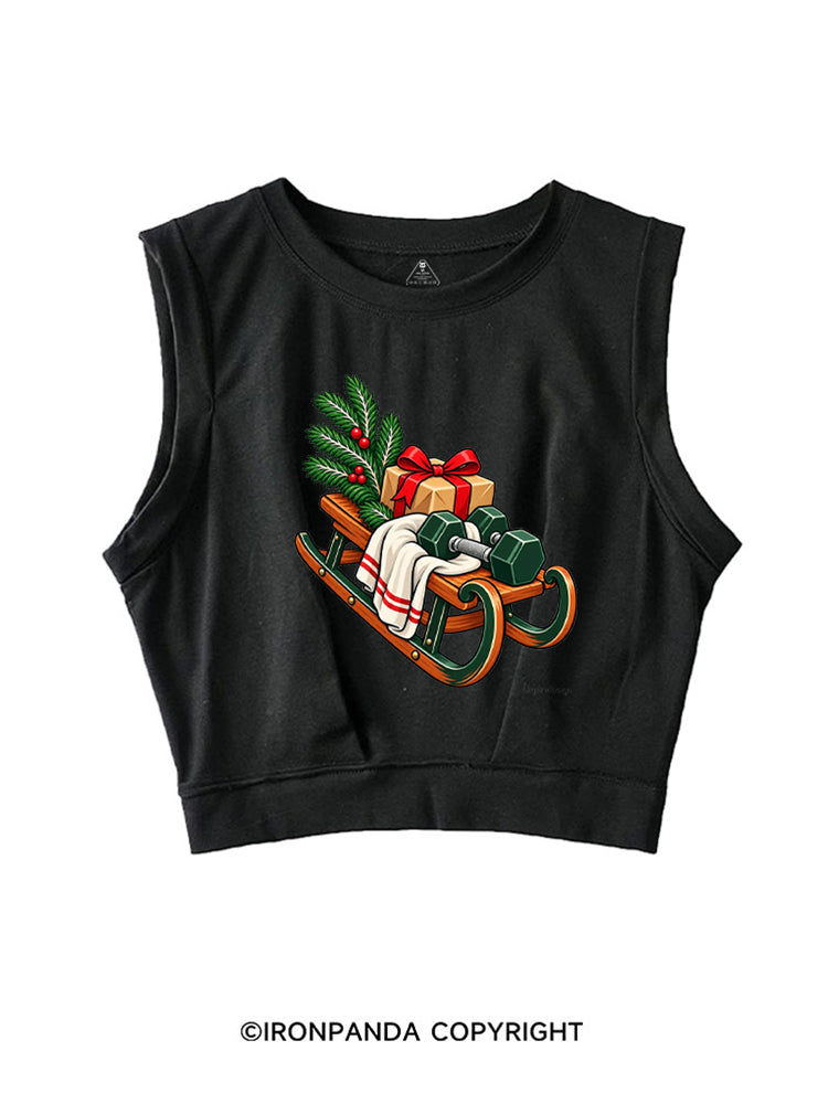 CHRISTMAS DUMBBELLS AND FESTIVE SLEIGH SLEEVELESS CROP TOPS