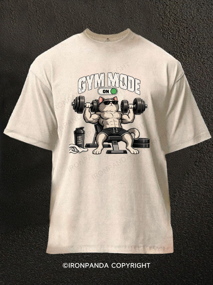 Gym Mode On Workout Cat Washed Gym Shirt