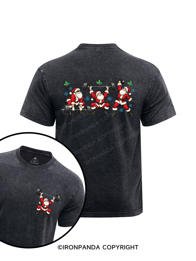 Santa Lifting Christmas Workout Printed Washed Gym Shirt