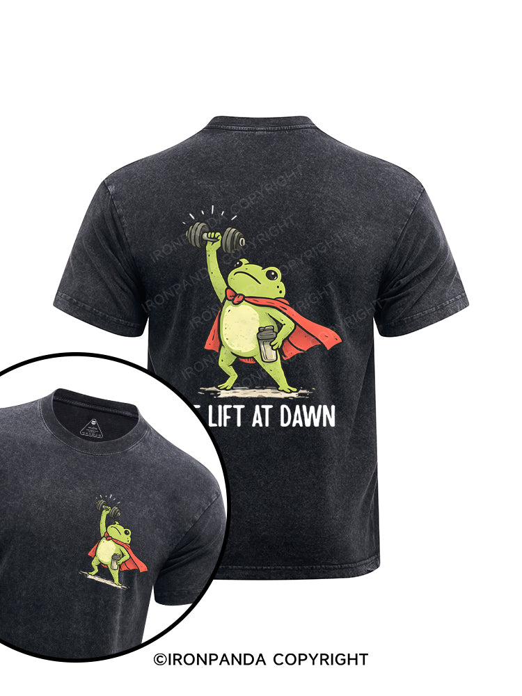 We Lift At Dawn Funny Frog Weight Lifting Printed Washed Gym Shirt