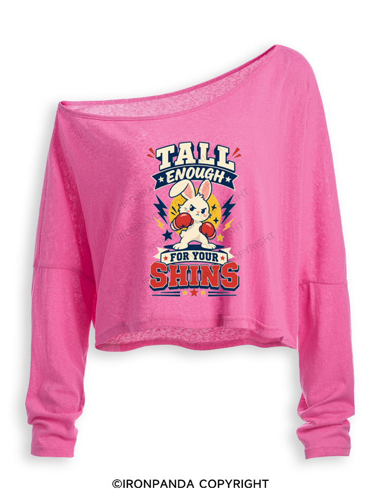 TALL ENOUGH FOR YOUR SHINS STRONG BUNNY Off Shoulder Long Sleeve Crop Top