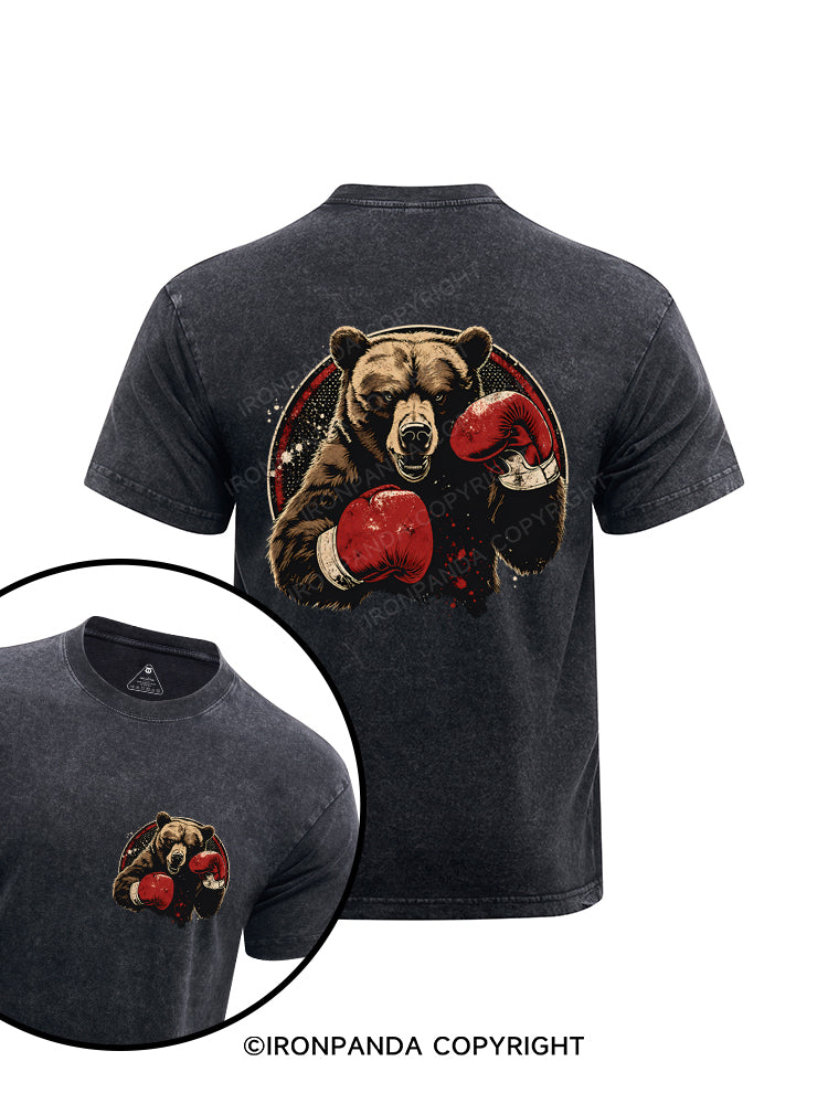 Retro Boxing Bear Printed Washed Gym Shirt