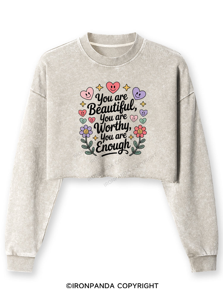 YOU ARE BEAUTIFUL, YOU ARE WORTHY, YOU ARE ENOUGH Washed Long-Sleeve Crop Top