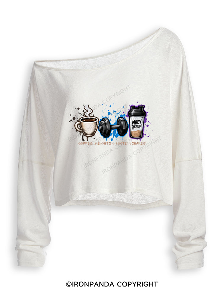 COFFEE WEIGHTS & PROTEIN SHAKES FUNNY GYM Off Shoulder Long Sleeve Crop Top