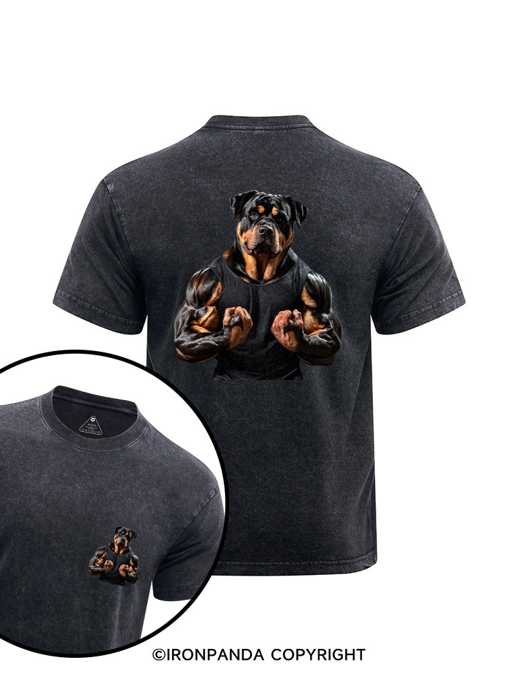 Muscular Rottweiler printed Washed Gym Shirt
