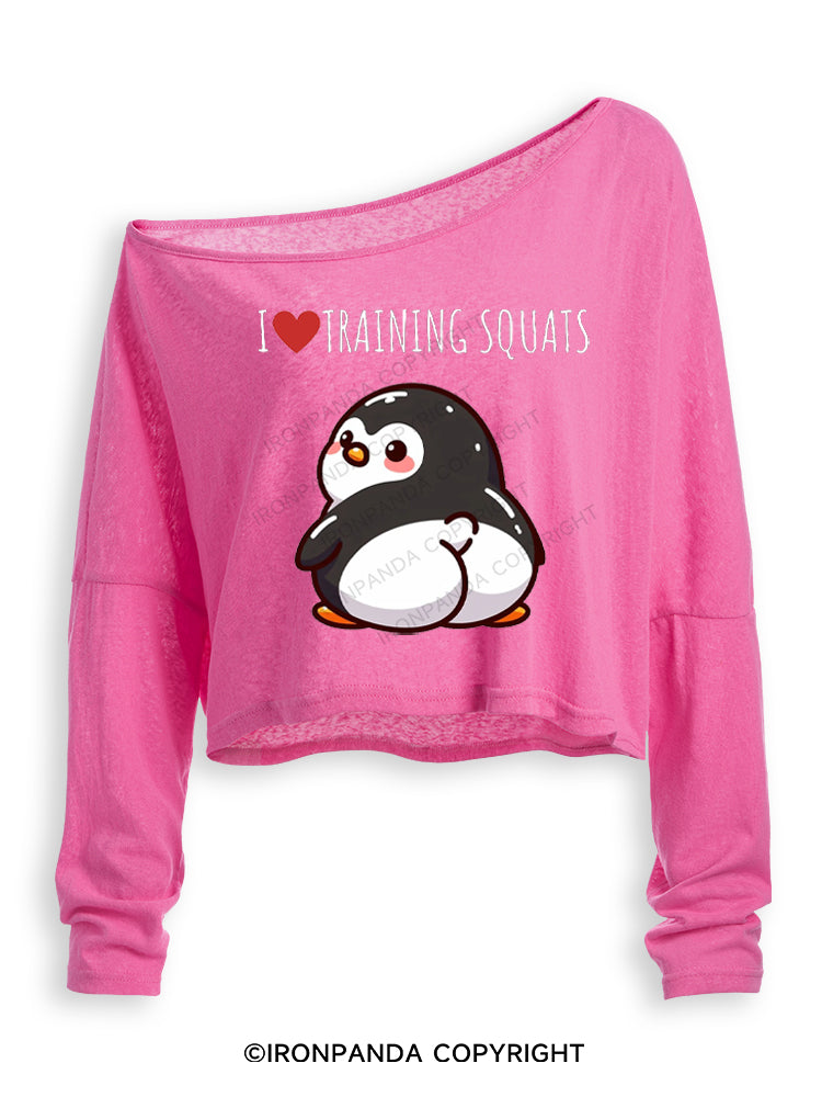 I ❤ TRAINING SQUATS PENGUIN Off Shoulder Long Sleeve Crop Top